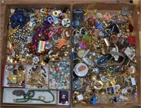 2 boxes of costume jewelry, pins, etc.
