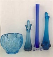 Lot Of 5 Vintage Blue Glass