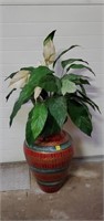 Large Red, Green, Gold Vase w/ Faux Plants