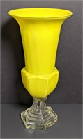 15" yellow art glass vase w/ clear glass base