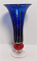 1' cobalt blue, striped art glass trumpet vase.