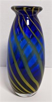 8" Cobalt blue art glass vase w/ yellow Striping