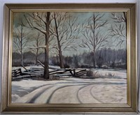 Signed 1966 Snow Landscape Oil Painting by Vernon
