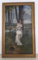Framed Oil Painting of Woman Sitting By Stream,