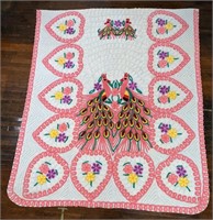 Vtg Double Pink Peacock Chenille Blanket, 103x88"