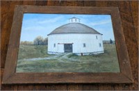 Framed oil on canvas board 'Round Barn in