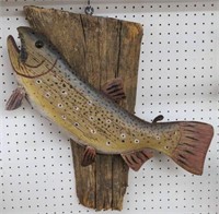 Folk art carved trout approximately 25"x24"
