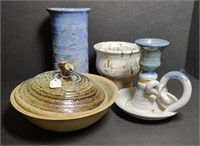 Lot Pottery Vase Candleholder Bowl w/ Lid