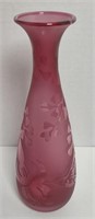 Glass Vase Kelsey Etched Leaves Cranberry 8" Tall