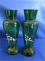 HAND PAINTED 8 INCH GREEN GLASS VASES