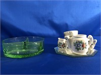 GREEN VASELINE GLASS DIVIDED DISH AND JAPANESE