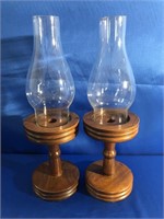 16 INCH WOODEN CANDLE HOLDERS WITH CHIMNEYS.  VGC