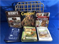 6- GREAT COOK BOOKS AND A RACK TO CARRY THEM