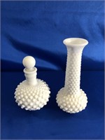 HOBNAIL DECANTER AND VASE. 6&8 INCH