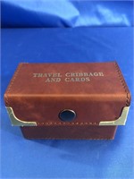 VINTAGE LEATHER TRAVEL CASE OF CRIBBAGE AND CARDS