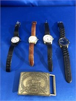 4- WRISTWATCHES AND A BRASS FORD AUTOMOBILES