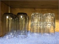6- SMOKED GRAY WATER GLASSES AND 8- ROCK GLASSES