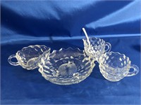 PRESSED GLASS CREAM AND SUGAR, 3 FOOTED DISH AND