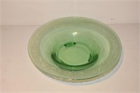 Green depression glass footed etched serving bowl