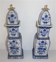 pair Maitland Smith blue and while lidded vases