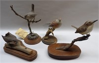 4 Carved Wood Birds