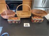 3 baskets and 2 fruit decorated tins