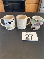 3 coffee Mugs.  One with cow, Chicken, Huskey