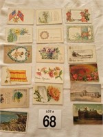 17 antique postcards, most with stamps.