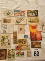 20 antique postcards, papers, and old items.