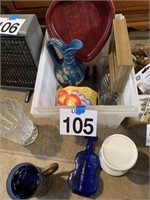 Box lot with blue cello bottle and extras