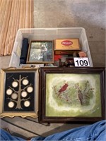 Tote lot w/lid with pictures and cigar box