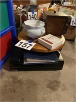 Pile lot with vhs player and wooden ware