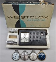 Westclox Transistor Radio & 4 Pocket Watches