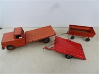 Metal Flatbed Truck and 2 Trailers