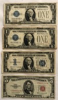 (3) "Funny Money" $1 Silver Certificates & (1) Red