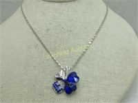 Blue Rhinestone 4-Leaf Clover Necklace, Silver Ton