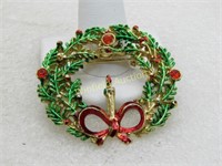 Vintage Christmas Wreath With Candle Brooch, 1960'