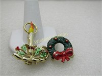 Vintage 2 Christmas Brooch Lot, Candle/Wreath, 196