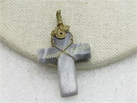 Gray Stone/Marble Brass Wrapped Cross Pendant, 2"