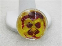 Vintage Reverse Painted Pansy Glass Brooch, 1"