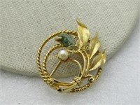 Vintage Moss Agate Faux Pearl Floral Circle Brooch