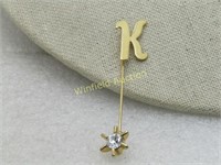 Vintage Initial K Stick Pin with Rhinestone End Ca