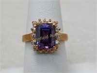 Vintage 14kt Plated Amethyst Halo Ring, Signed Lin