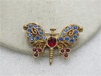 Red & Blue Rhinestone Butterfly Brooch signed Lia,