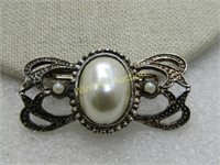 Vintage Faux Pearl Victorian Themed Brooch, 1.25"