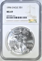 1996 AMERICAN SILVER EAGLE NGC MS-69 BETTER DATE