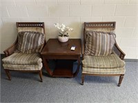 2-Wood Upholstered Chairs w/Wood Side Table