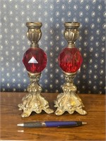 Pair Red Glass & Metal Candlestick Holders