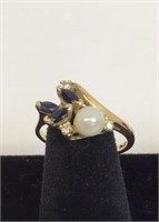 14K Pearl ring with round diamond and oval