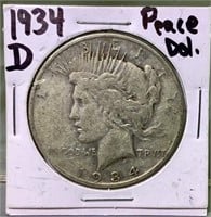 1934 D US Silver Peace Dollar